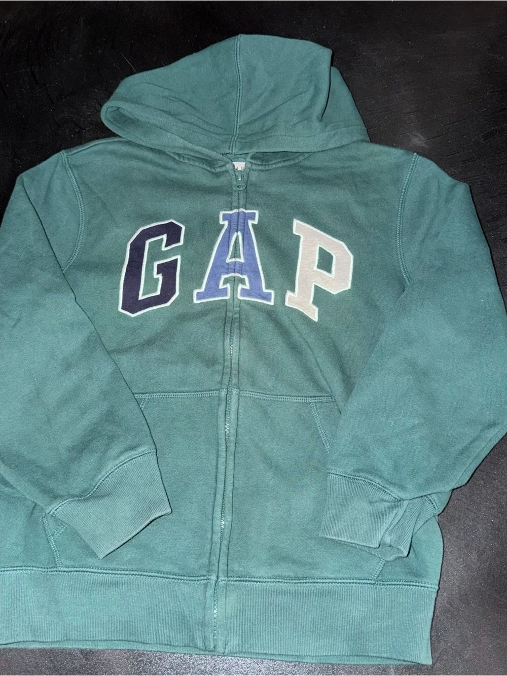 GAP Kids Teal Green Zip Front Hoodie with Multicolor Letters